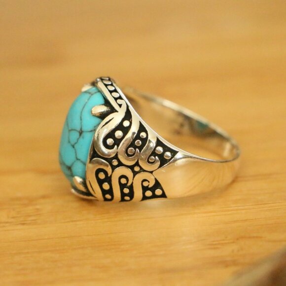 925 Sterling Silver Men's Rings Turquoise Stone - Picture 7 of 8